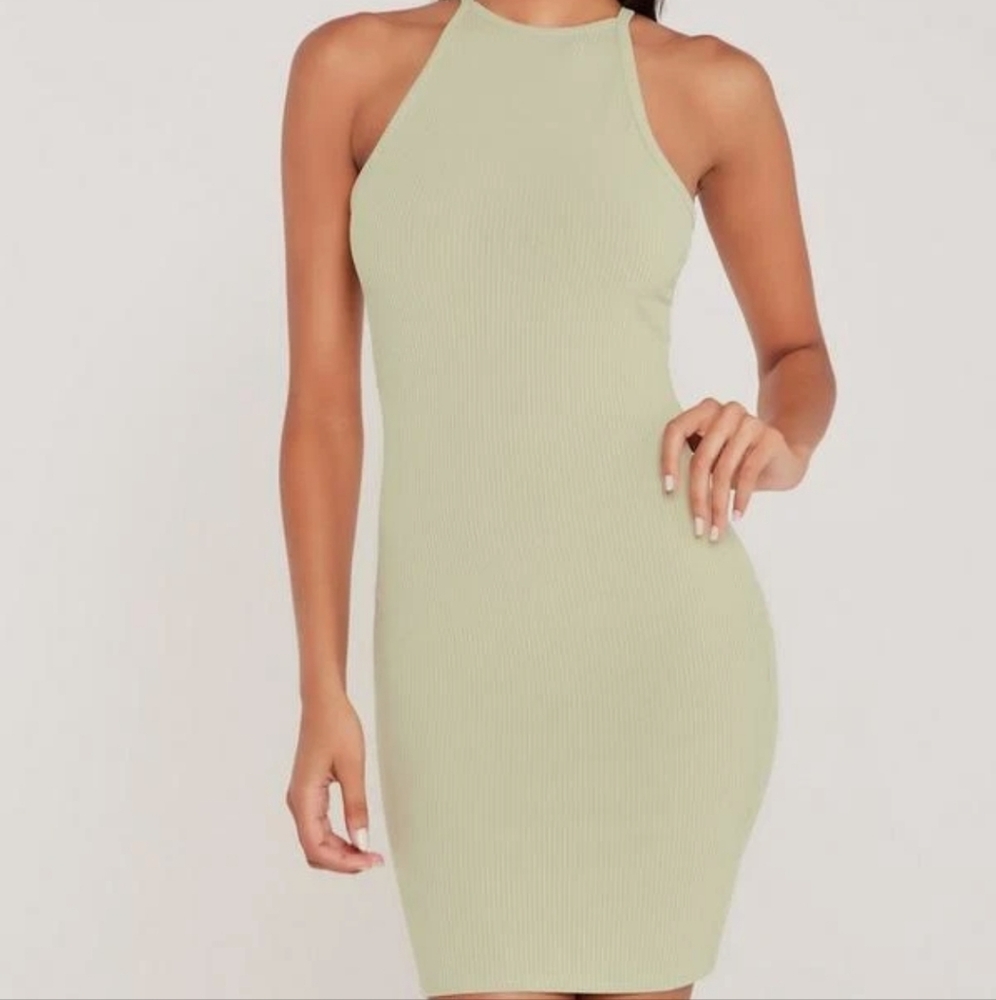 Missguided Green Ribbed Halter Bodycon Dress
